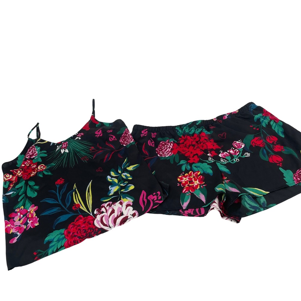 Stars Above Womens Floral Pajama Set Black Satin Cami and Shorts Size M